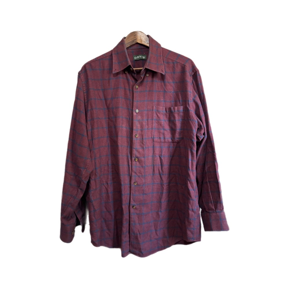 Orvis Button Down Shirt Mens L Burgundy Plaid Excellent Cotton Windowpane 2EFA